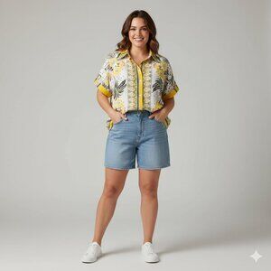 FIGUEROA & FLOWER (NWT) Short Sleeve Button Down Border Print Top, Yellow - XL